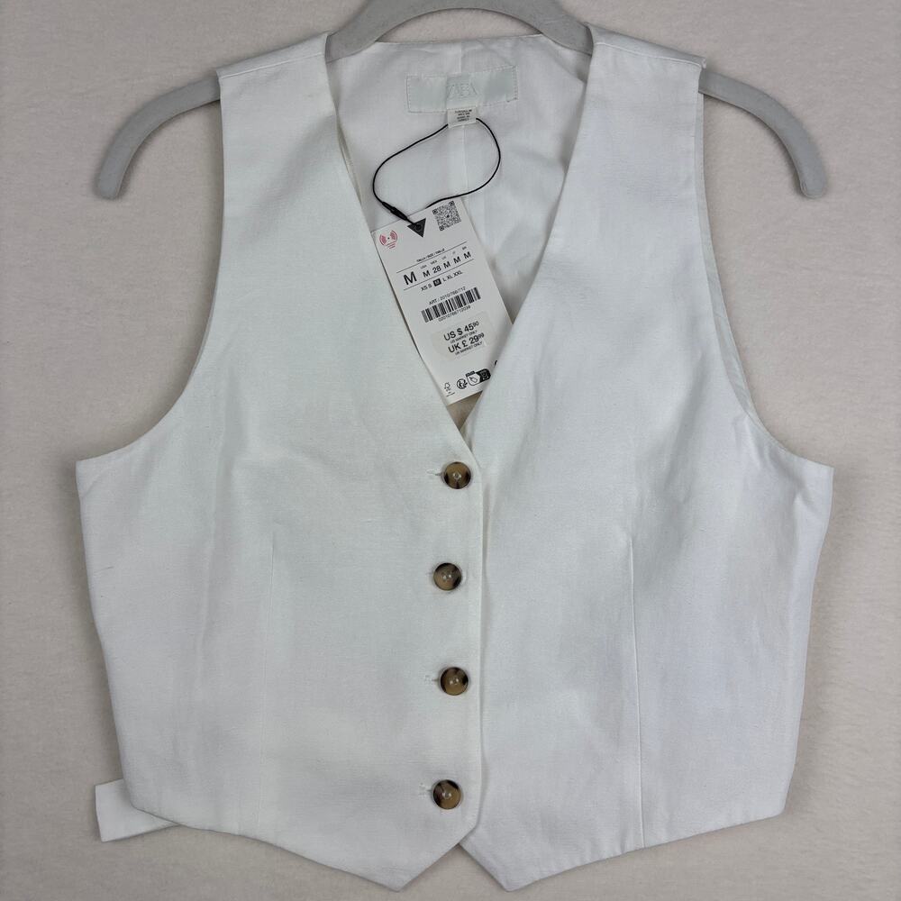 Zara White Cut Out Open Back V-Neck Button Vest Viscose Linen Cotton Size Medium
